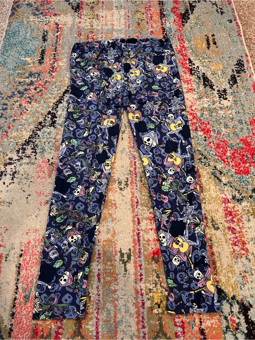 LuLaRoe Navy Leggings with Colorful Skull & Guitar Print